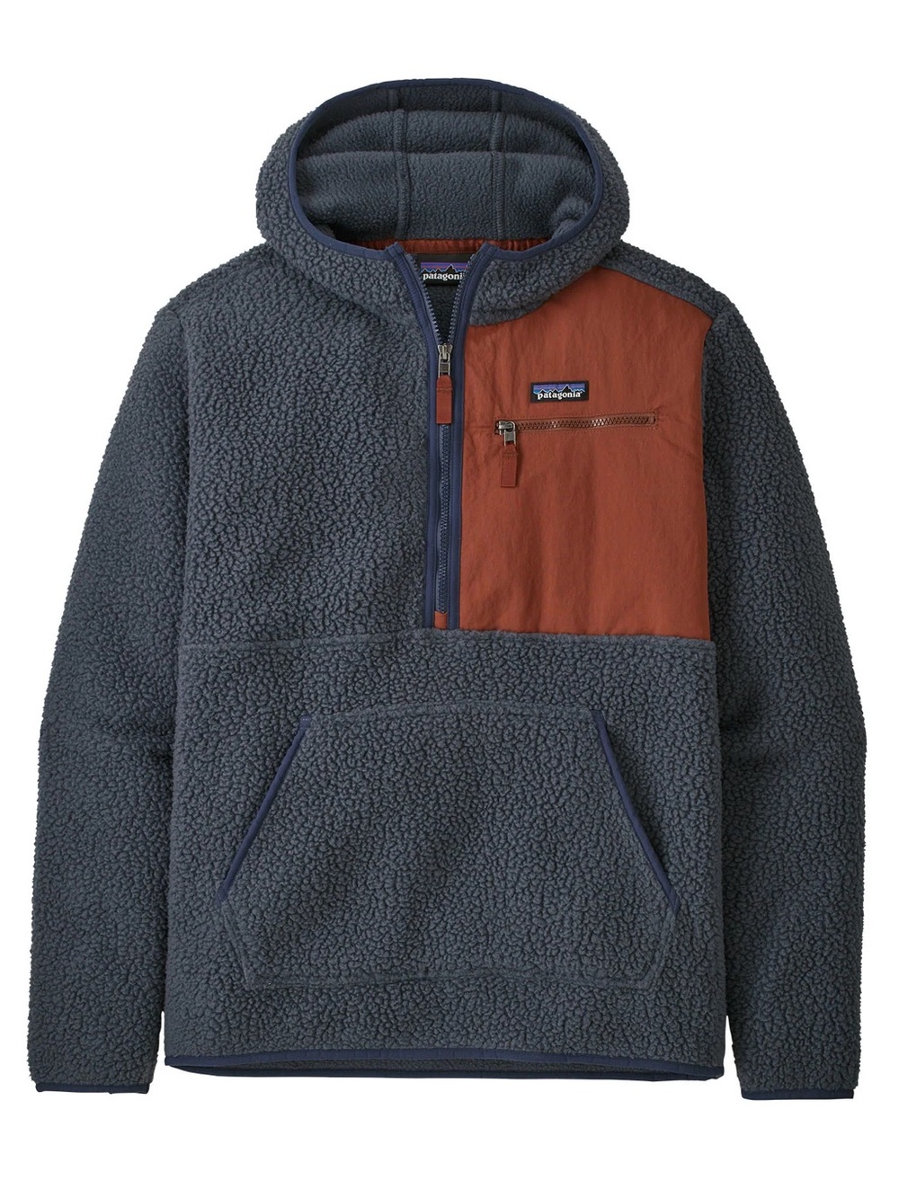 Patagonia Retro Pile Sherpa Hooded Pullover Jacket Smolder Blue 1/4 Zip Pockets